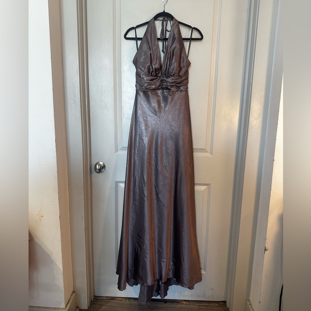 VTG Jessica McClintock 100% Silk Halter Floor length Metallic Iridescent Dress,M